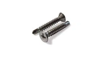 Zwei Edelstahl-Bohrschrauben auf einem einfachen weißen Hintergrund: Die linke Schraube hat einen flachen Kopf mit spitzem Ende; die rechte Schraube hat einen Kreuzkopf mit konischem Ende. Beide haben Gewindeschäfte.