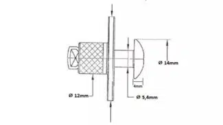 Technische Zeichnung eines einziehbaren Bodenankers aus Edelstahl für Holzoberflächen mit einer Länge von 33 mm, einem Enddurchmesser von 14 mm, einem Mitteldurchmesser von 12 mm und einer Basis von 33 mm. Anmerkungen geben Einzelheiten zu Längen und Durchmessern an.