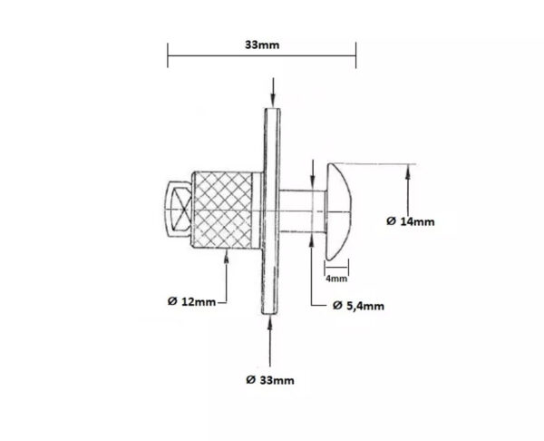 Technische Zeichnung eines einziehbaren Bodenankers aus Edelstahl für Holzoberflächen mit einer Länge von 33 mm, einem Enddurchmesser von 14 mm, einem Mitteldurchmesser von 12 mm und einer Basis von 33 mm. Anmerkungen geben Einzelheiten zu Längen und Durchmessern an.