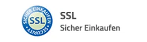 Logo mit blauem Kreis mit „SICHER EINKAUFEN“ und „SECURITY“ um „SSL“ in Weiß, daneben der Text „SSL Sicher Einkaufen“.