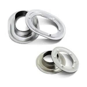 Es werden zwei Sätze Planenösen – Rund und Oval – angezeigt: ein Oval mit glatter Oberfläche, das andere rund mit strukturierter Oberfläche, beide auf einem schlichten weißen Hintergrund.