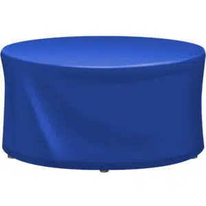 Ein schlanker, moderner runder Ottoman mit minimalistischem Design verfügt über eine königsblaue, runde Abdeckhaube vor einem schlichten weißen Hintergrund.