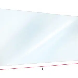 Bild einer glänzenden, rechteckigen Oberfläche, wahrscheinlich ein „Carport,- oder Terrassenplane - Komplett transparent“. Es ist im Querformat und zeigt die Abmessungen: A und C sind die Seitenhöhen; B ist die Breite an der Unterseite.