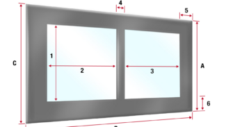 Abbildung eines rechteckigen Fensters mit zwei Glasscheiben, beschriftet für die Abmessungen: A (Gesamthöhe), B (Gesamtbreite), C (Rahmenhöhe). Ähnliche Genauigkeit gilt für den schlanken Carport,- oder Terrassenplane – mit 2x Fenster/ohne Tür.