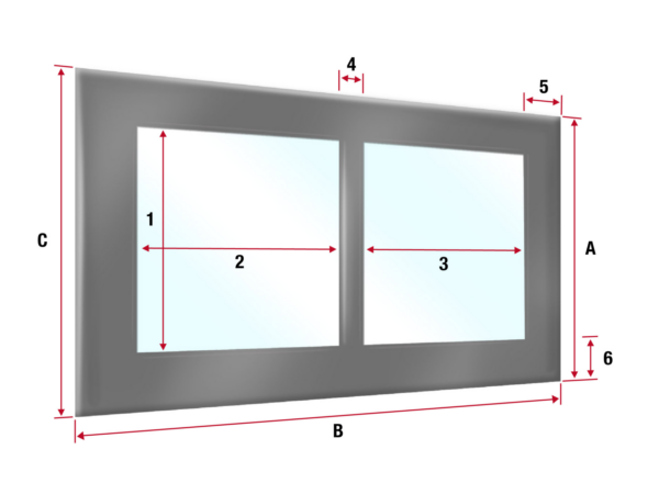 Abbildung eines rechteckigen Fensters mit zwei Glasscheiben, beschriftet für die Abmessungen: A (Gesamthöhe), B (Gesamtbreite), C (Rahmenhöhe). Ähnliche Genauigkeit gilt für den schlanken Carport,- oder Terrassenplane – mit 2x Fenster/ohne Tür.