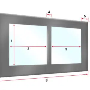 Abbildung eines Doppelfensters mit den Maßangaben: 1 und 2 für Höhe/Breite der linken Scheibe, 3 für Breite der rechten Scheibe, Rahmenstärken als 4, 5 und A; ähnlich einer Carport- oder Terrassenplane-Diagramm.