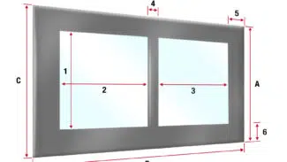 Abbildung eines Doppelfensters mit den Maßangaben: 1 und 2 für Höhe/Breite der linken Scheibe, 3 für Breite der rechten Scheibe, Rahmenstärken als 4, 5 und A; ähnlich einer Carport- oder Terrassenplane-Diagramm.
