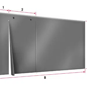 Eine graue, rechteckige Carport-Terrassenplane mit Fenstern hat beschriftete Seiten (A, B, C) und Ecken (1, 2). Sie lässt sich leicht biegen, sodass eine Faltkante entsteht. Rote Pfeile markieren die Abmessungen; auf der Oberfläche sind zwei Schrauben sichtbar.