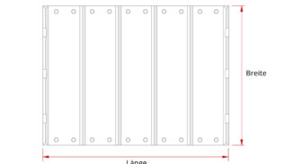 Diagramm einer rechteckigen Poolplane (Stangenabdeckung) mit äquidistanten vertikalen Linien. Pfeile zeigen unten „Länge“ und seitlich „Breite“ an, mit kleinen Kreisen an den oberen und unteren Kanten.