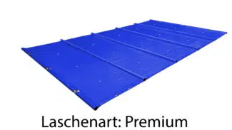 Eine große blaue Rechteckige Poolplane (Stangenabdeckung) mit verstärkten Nähten, abgebildet auf Weiß. Text: Laschenart: Premium.