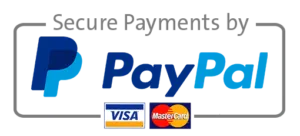 Symbol mit der Anzeige „Sichere Zahlungen mit PayPal“ und einem blauen PayPal-Logo. Darunter schweben die Logos von Visa und MasterCard wie Flugzeuge und sorgen für reibungslose und unterstützte Transaktionen.