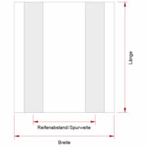 Ein Diagramm zeigt ein Rechteck mit der Beschriftung „Länge“ (vertikal), „Breite“ (horizontal) und „Reifenabstand/Spurweite“ über die Breite – ideal für die Planung eines Garagenmatte aus LKW-Plane (900g/m²)-Layouts.