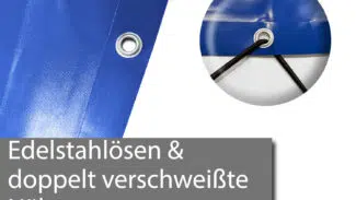 Nahaufnahme einer blauen, rechteckigen, aufblasbaren Poolplane mit Metallöse und verstärkter, doppelt genähter Naht - ideal als Poolabdeckung.