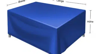 Abbildung eines blauen rechteckigen Objekts mit den Maßangaben in Deutsch: „Länge“, „Breite“ und „Höhe“. Das Objekt ähnelt einer Schachtel mit Stoffbezug.