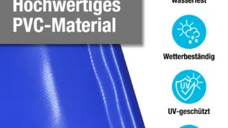 A blue Rechteckige aufblasbare Poolplanen aus hochwertigem PVC, mit deutschen Icons für wasserdicht, wetterfest, UV-beständig und langlebig.