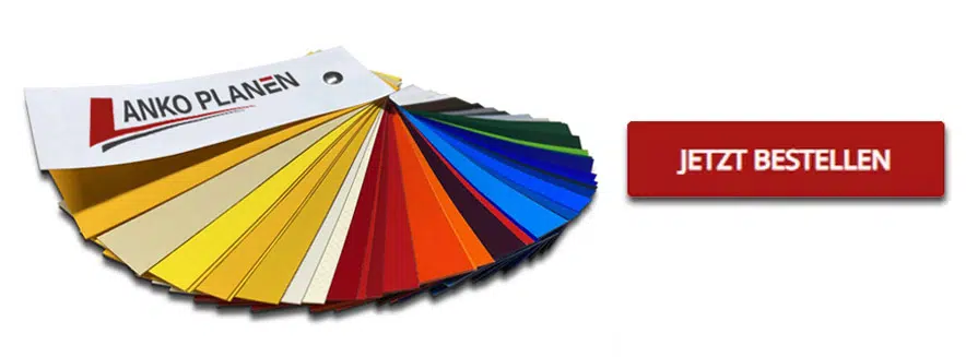 Ein Fächer mit verschiedenen Farben von LKW Planenstoff Mustern, wo rechts daneben weißer Text "Jetzt Bestellen" auf rotem Hintergrund ist