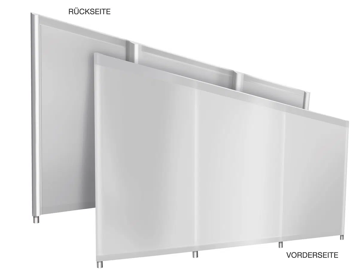 Gezeigt werden zwei nebeneinander platzierte weiße rechteckige Paneele. Das Vordergrundpaneel trägt die Beschriftung „Vorderseite“ und das Hintergrundpaneel die Beschriftung „Rückseite“, beide mit einem Metallrahmen und kleinen Beinen.