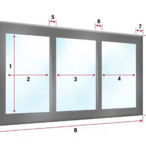 Diagramm eines Dreischeibenfensters mit durch rote Pfeile angezeigten Maßen: vertikal (A, C), horizontal (B), Scheibenbreiten (2, 3, 4) und Rahmendicken (5, 6, 7, 8). Jede Scheibe hat einen hellblauen Farbton.