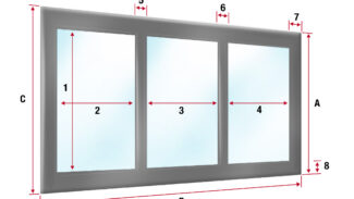 Diagramm eines Dreischeibenfensters mit durch rote Pfeile angezeigten Maßen: vertikal (A, C), horizontal (B), Scheibenbreiten (2, 3, 4) und Rahmendicken (5, 6, 7, 8). Jede Scheibe hat einen hellblauen Farbton.