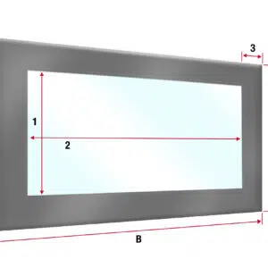 Abbildung eines rechteckigen Glasfensters mit den Maßangaben: Höhe (C), Außenbreite (B), Innenhöhe (1), Innenbreite (2), Breite des linken Rands (3) und Breite des unteren Rands (4).
