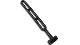 Die Gummistroppe ist ein schwarzes, längliches Werkzeug mit drei länglichen Aussparungen am Griff und einem flachen, rechteckigen Kopf vor weißem Hintergrund.