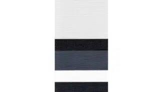 Vertikales Streifenmuster mit abwechselnd schwarzen, dunkelgrauen, hellgrauen und weißen Streifen. Die Streifen sind gleich breit und bilden ein auffälliges geometrisches Design.