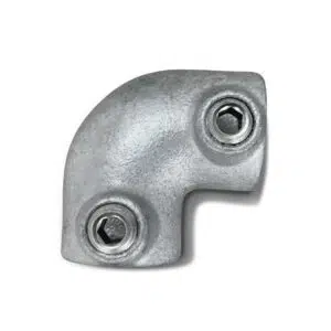 Der Rohrverbinder 90° für 25mm-Rohre ist ein metallischer, winkelförmiger Rohrverbinder mit zwei Sechskant-Gewindebuchsen, der zum Befestigen von Rohren im rechten Winkel dient. Er verfügt über eine glatte, matte Oberfläche.