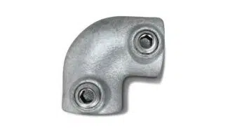 Der Rohrverbinder 90° für 25mm-Rohre ist ein metallischer, winkelförmiger Rohrverbinder mit zwei Sechskant-Gewindebuchsen, der zum Befestigen von Rohren im rechten Winkel dient. Er verfügt über eine glatte, matte Oberfläche.