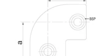 Technische Zeichnung des Rohrverbinders 90° für 25mm-Rohre, mit Viertelkreishalterung mit zwei Löchern auf der gebogenen Seite. Die Außenkante ist mit „a“ gekennzeichnet und ein Loch mit „BSP“.