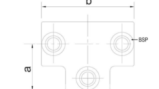 Technische Zeichnung des „Rohrverbinders / T-Stück für 25mm-Rohre“ mit drei kreisrunden Befestigungslöchern, Maß „a“ (vertikal) und „b“ (horizontal), sowie „BSP“ neben dem rechten Loch.