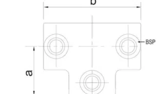 Technische Zeichnung des „Rohrverbinders / T-Stück für 25mm-Rohre“ mit drei kreisrunden Befestigungslöchern, Maß „a“ (vertikal) und „b“ (horizontal), sowie „BSP“ neben dem rechten Loch.