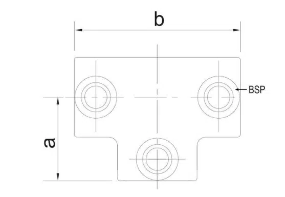 Technische Zeichnung des „Rohrverbinders / T-Stück für 25mm-Rohre“ mit drei kreisrunden Befestigungslöchern, Maß „a“ (vertikal) und „b“ (horizontal), sowie „BSP“ neben dem rechten Loch.
