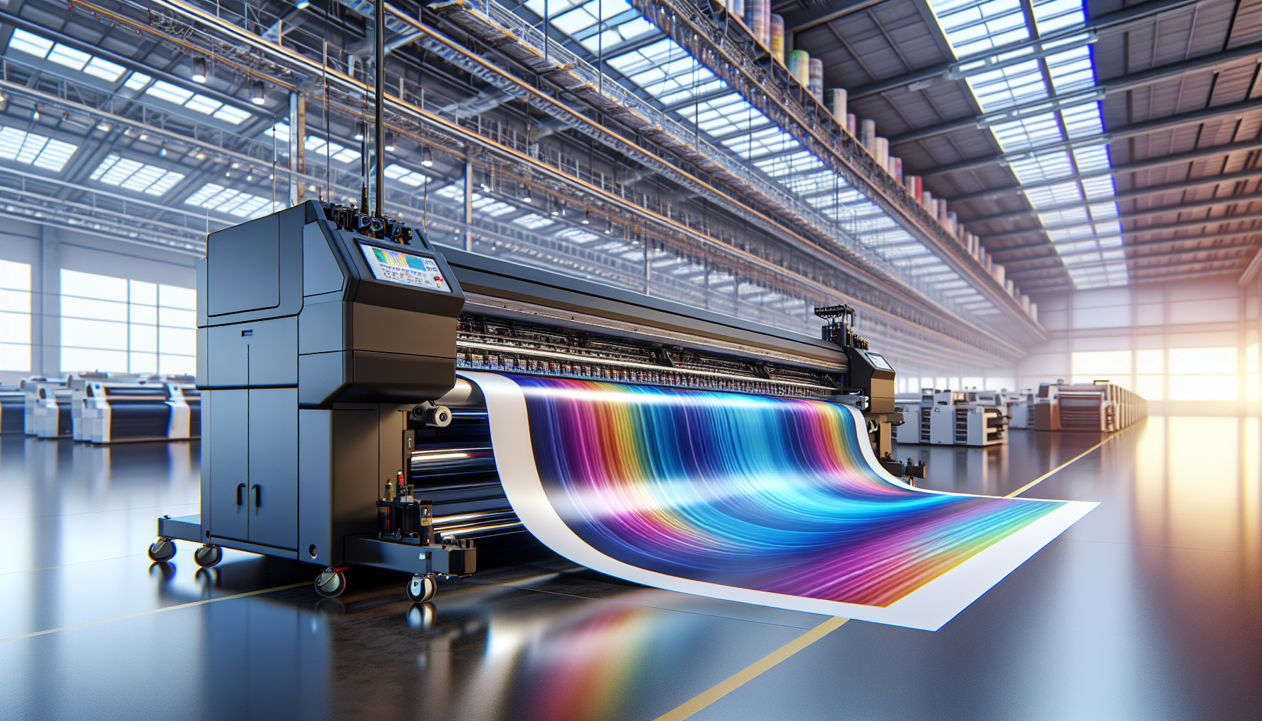 Eine große Industriedruckerei produziert leuchtende, farbenfrohe Runde PVC-Planen in einer geräumigen, modernen Fabrik mit hohen Decken und heller Beleuchtung.