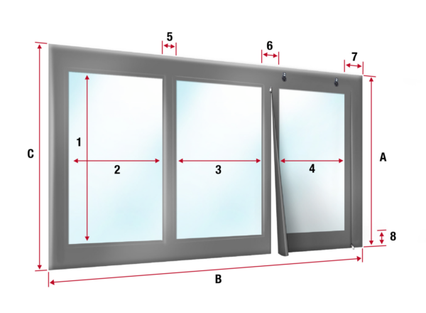 Abbildung einer Carport- oder Terrassenplatte mit beschrifteten Abmessungen für eine dreiteilige Glasschiebetür; die Platten 1–4 zeigen Höhen-, Breiten- und Randmaße mithilfe von roten Pfeilen und Zahlen.