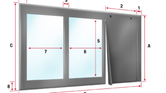 Abbildung eines Fensters mit den Maßangaben A–C und 1–8, das über zwei Glasscheiben verfügt; die rechte Scheibe ist mit einem Vorhang bedeckt, der an „Carport- oder Terrassenplane – mit 2x Fenster“ erinnert.