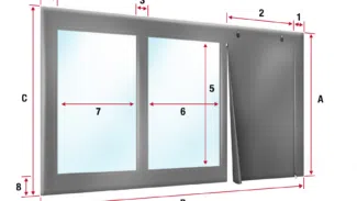 Abbildung eines Fensters mit den Maßangaben A–C und 1–8, das über zwei Glasscheiben verfügt; die rechte Scheibe ist mit einem Vorhang bedeckt, der an „Carport- oder Terrassenplane – mit 2x Fenster“ erinnert.