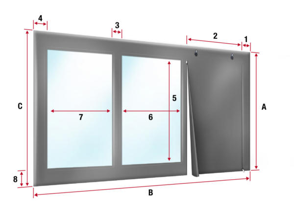 Abbildung eines Fensters mit den Maßangaben A–C und 1–8, das über zwei Glasscheiben verfügt; die rechte Scheibe ist mit einem Vorhang bedeckt, der an „Carport- oder Terrassenplane – mit 2x Fenster“ erinnert.