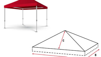 Dargestellt ist ein rotes Zeltdach mit vier Metallbeinen. Darunter befindet sich ein Liniendiagramm des Zeltdachs mit den Abmessungen A (Basislänge), B (Basisbreite) und C (Höhe von der Basis bis zur Spitze).