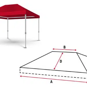 Eine Abbildung des Pavillondachs 2 zeigt ein rotes Baldachin-Zelt mit vier Metallstangen neben einem schwarz-weißen Draufsichtdiagramm mit den beschrifteten Abmessungen A, B, C und D zur genauen Messung.