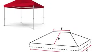 Eine Abbildung des Pavillondachs 2 zeigt ein rotes Baldachin-Zelt mit vier Metallstangen neben einem schwarz-weißen Draufsichtdiagramm mit den beschrifteten Abmessungen A, B, C und D zur genauen Messung.