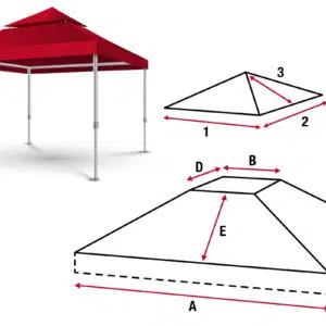 Abbildung des roten Pavillonzeltes „Pavillondach mit Lüftungsdach 1“ mit Pyramidenform, beschrifteten Seiten A-E, Spitzdach und stabilen Metallbeinen.