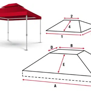 Die Abbildung zeigt ein rotes Faltzelt mit einem individuellen Pavillondach mit Lüftungsdach 2. Die Diagramme zeigen die Detailmaße: rechteckige Basis A, trapezförmige Oberseite B und D, Höhen E und 4, Seiten 1, 2 und 3.