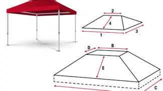 Die Abbildung zeigt ein rotes Faltzelt mit einem individuellen Pavillondach mit Lüftungsdach 2. Die Diagramme zeigen die Detailmaße: rechteckige Basis A, trapezförmige Oberseite B und D, Höhen E und 4, Seiten 1, 2 und 3.
