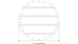 Diagramm eines Kreises, der den runden Poolplanen (Stangenabdeckung) ähnelt, mit horizontalen Linien und kleinen Kreisen darin. Ein doppelköpfiger roter Pfeil mit der Aufschrift „Durchmesser“ überspannt den Durchmesser des Kreises.