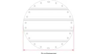 Diagramm eines Kreises, der den runden Poolplanen (Stangenabdeckung) ähnelt, mit horizontalen Linien und kleinen Kreisen darin. Ein doppelköpfiger roter Pfeil mit der Aufschrift „Durchmesser“ überspannt den Durchmesser des Kreises.