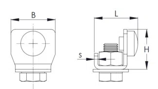 Die technische Zeichnung „Schienenstopper für Laufschiene“ hat zwei Ansichten; die linke Ansicht zeigt ein Quadrat mit der Breite „B“ und die rechte Ansicht zeigt das Seitenprofil Profil 100, beschriftet mit den Abmessungen „L“, „S“ und der Höhe „H“.