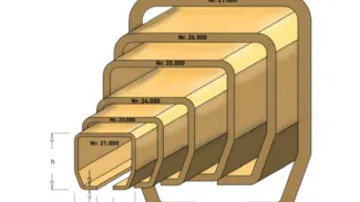 Abbildung ineinander verschachtelter rechteckiger Rohre, die einer Laufschiene ähneln, beschriftet von 21.000 bis 27.000. Abmessungen: Höhe (h), Dicke (s und d), Basisbreite (b). Maßstab ist 1:1.