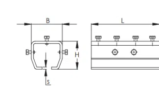 Eine technische Zeichnung zeigt eine Laufschienen-Verbindungsmuffe mit den Abmessungen B, H, S und L. Die linke Ansicht zeigt eine U-förmige Struktur mit Bolzen; die rechte Draufsicht zeigt eine rechteckige Basis mit kreisförmigen Löchern und drei Bolzen an der Oberseite.