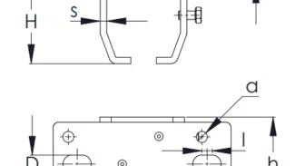 Eine technische Zeichnung einer Halterung mit Haken enthält Details zur Deckenbefestigungsmuffe für Laufschiene. In der Draufsicht sind die Abmessungen B, S1 und H zu sehen; in der Unteransicht sind L, D und h mit Markierungen für Schrauben und Schlitze s, d, l hervorgehoben.