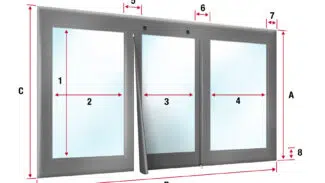Diagramm von drei nebeneinanderliegenden vertikalen Fensterpaneelen, die einem Carport/Terrassenplane ähneln, mit der Bezeichnung A-8 und den Markierungen 1, 3, 4. Jedes Paneel weist horizontale Pfeile auf, die die Breite mit den Markierungen 2, 3 und 4 zeigen.